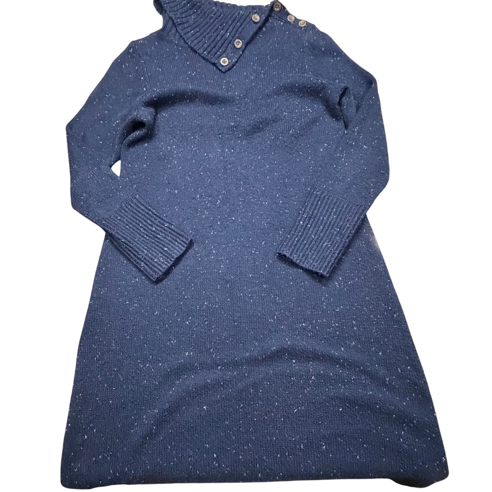 Talbots Womens Navy Blue Donegal Fleck Button Neck Sweater Dress Size‎ M